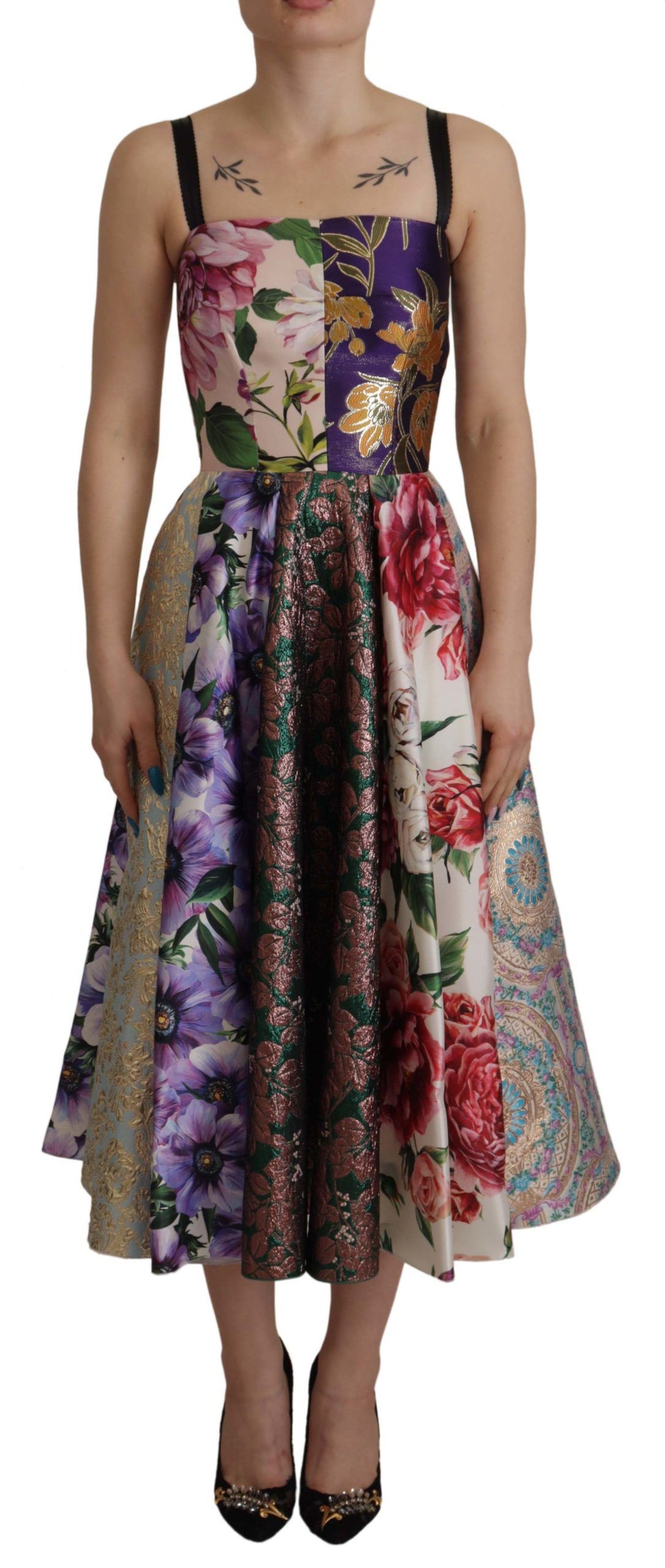 Dolce & Gabbana Dress Midi Patchwork Floral Jaquard Silk