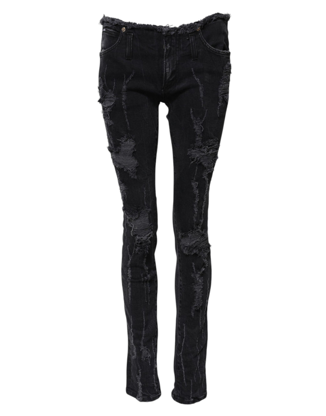 Dolce & Gabbana Black Cotton Tattered Skinny Denim Jeans