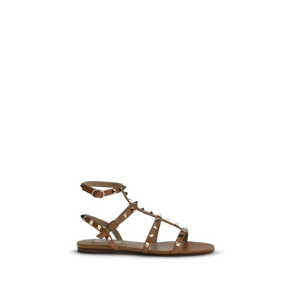 Valentino Garavani Beige Calf Leather Bos Taurus Flat Sandals by Valentino Garavani