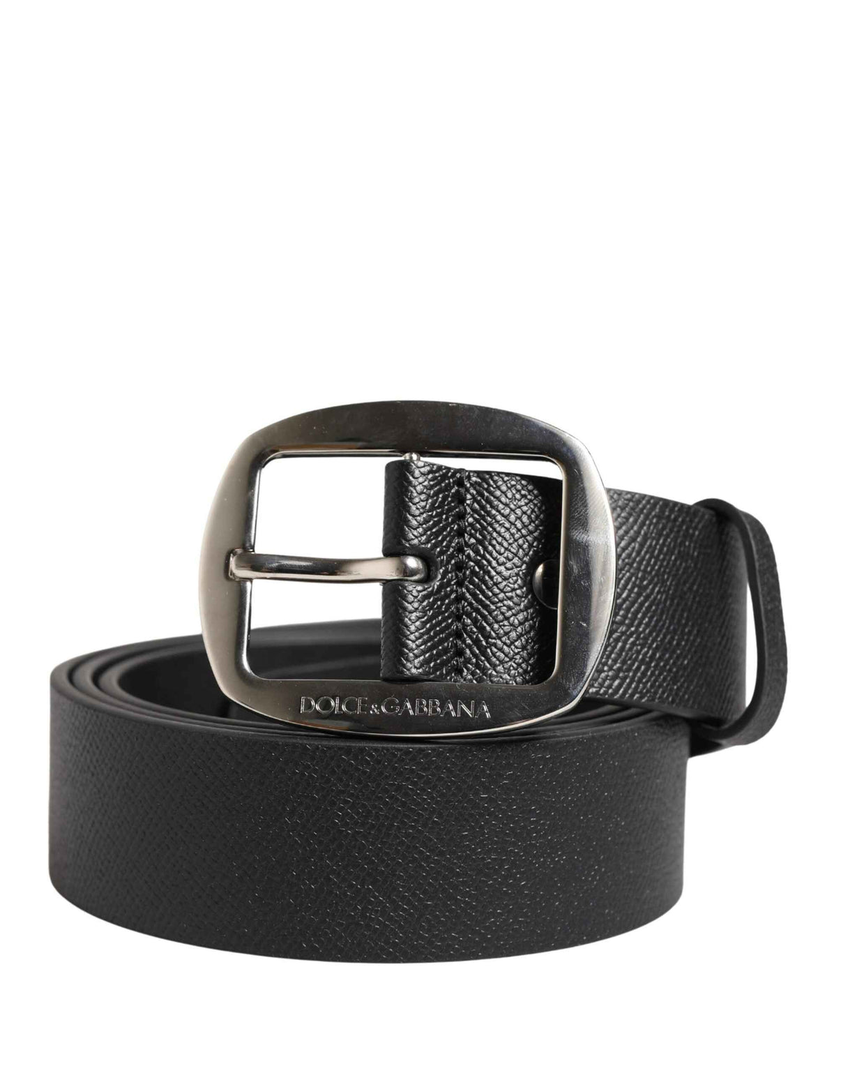 Dolce & Gabbana Black Calf Leather Silver Metal Buckle Belt