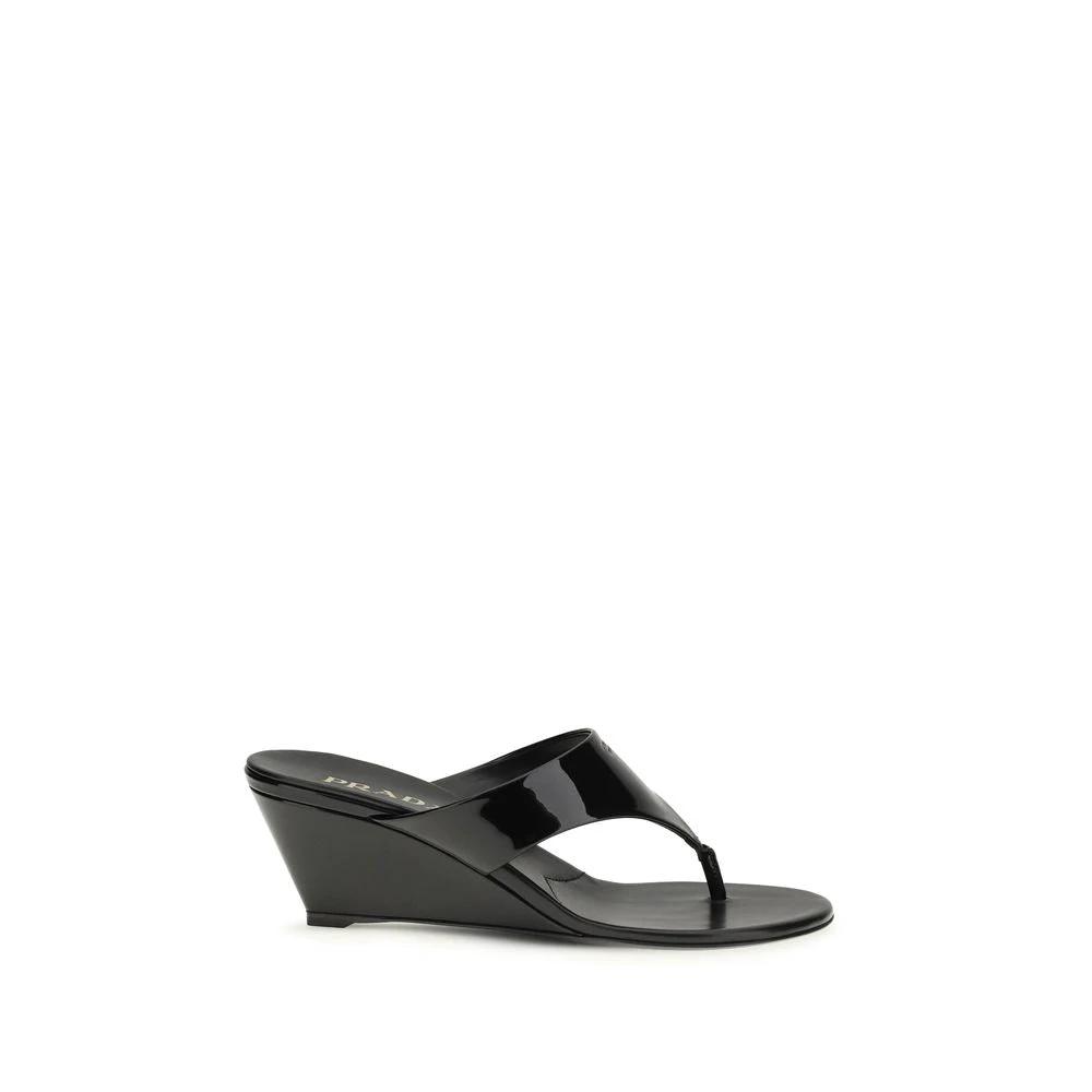 Prada Black Calf Leather Bos Taurus Wedge Sandals by Prada