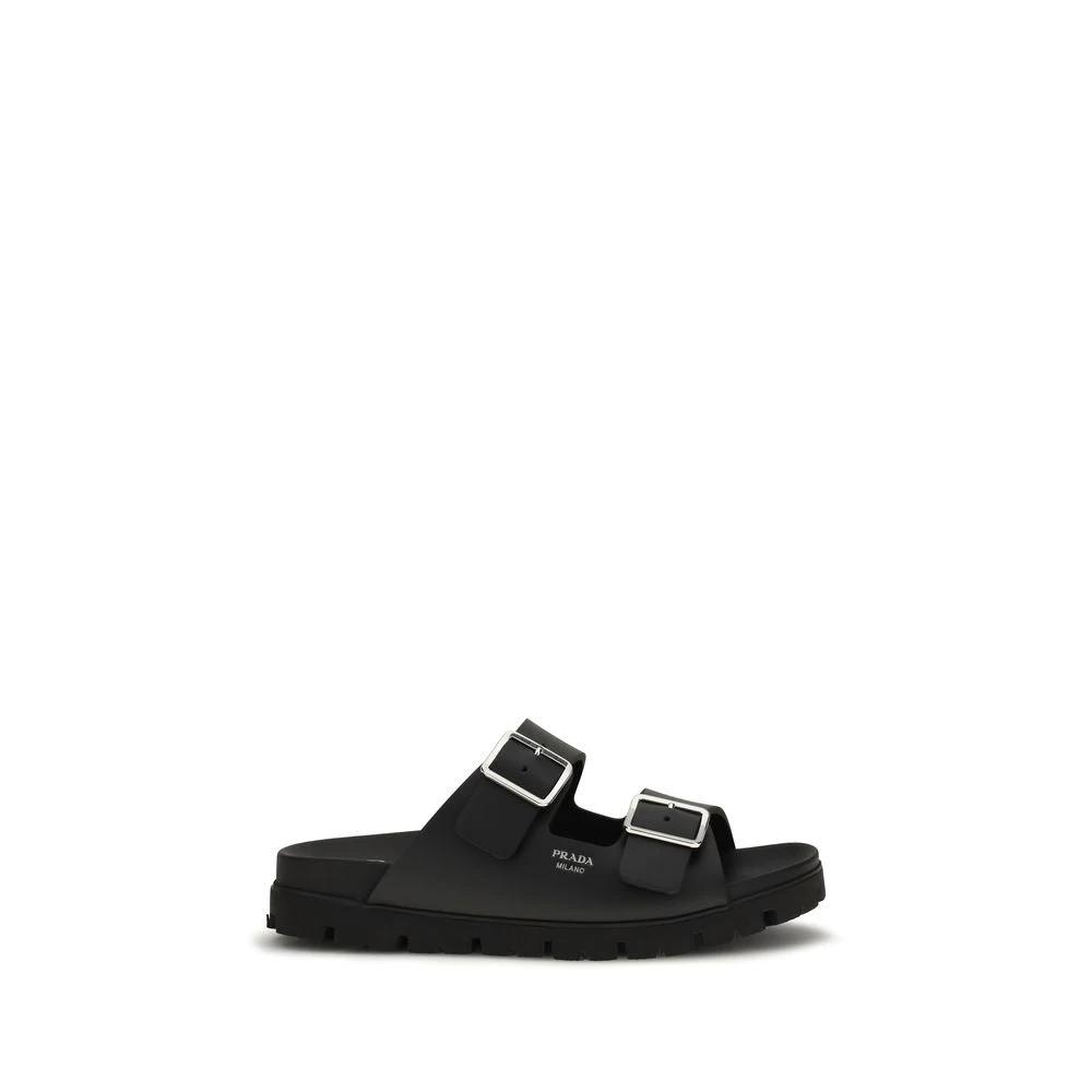 Prada Black Calf Leather Bos Taurus Flat Sandals by Prada