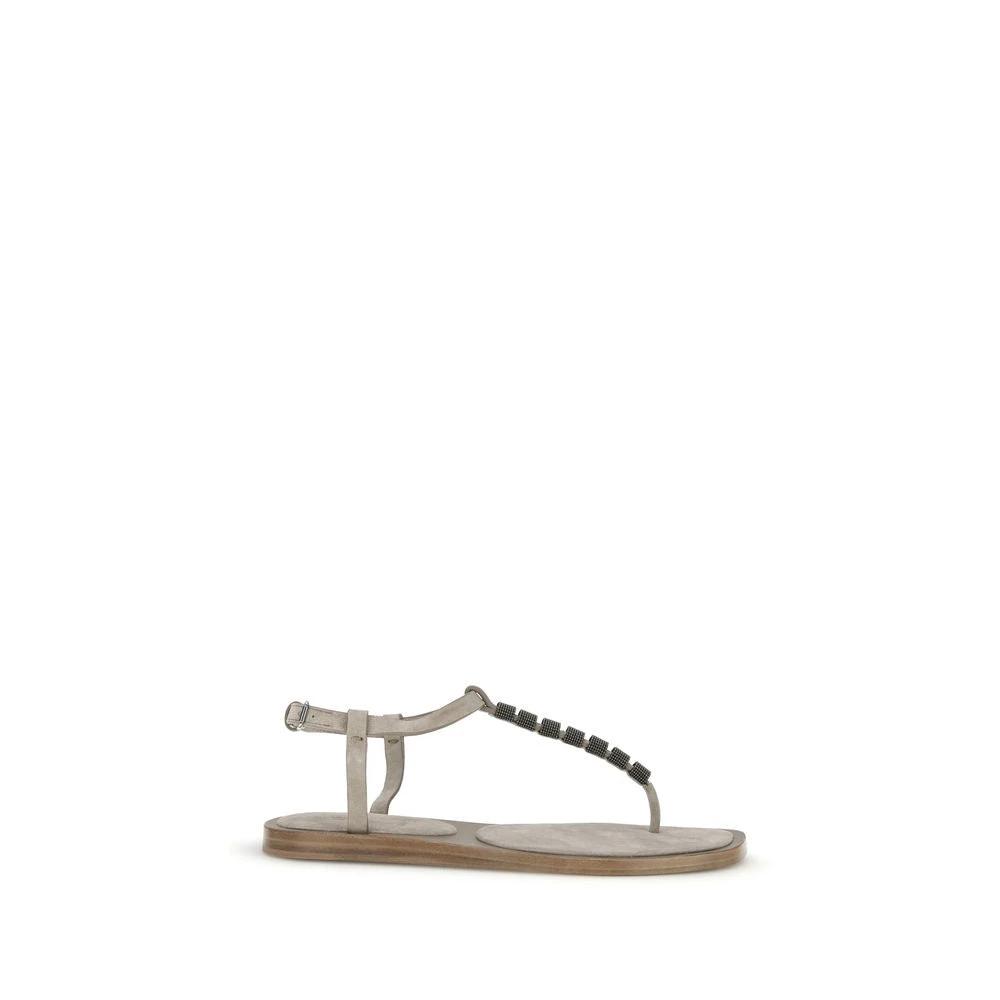 Brunello Cucinelli Beige Calf Leather Bos Taurus Flat Sandals by Brunello Cucinelli