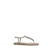 Brunello Cucinelli Beige Calf Leather Bos Taurus Flat Sandals by Brunello Cucinelli