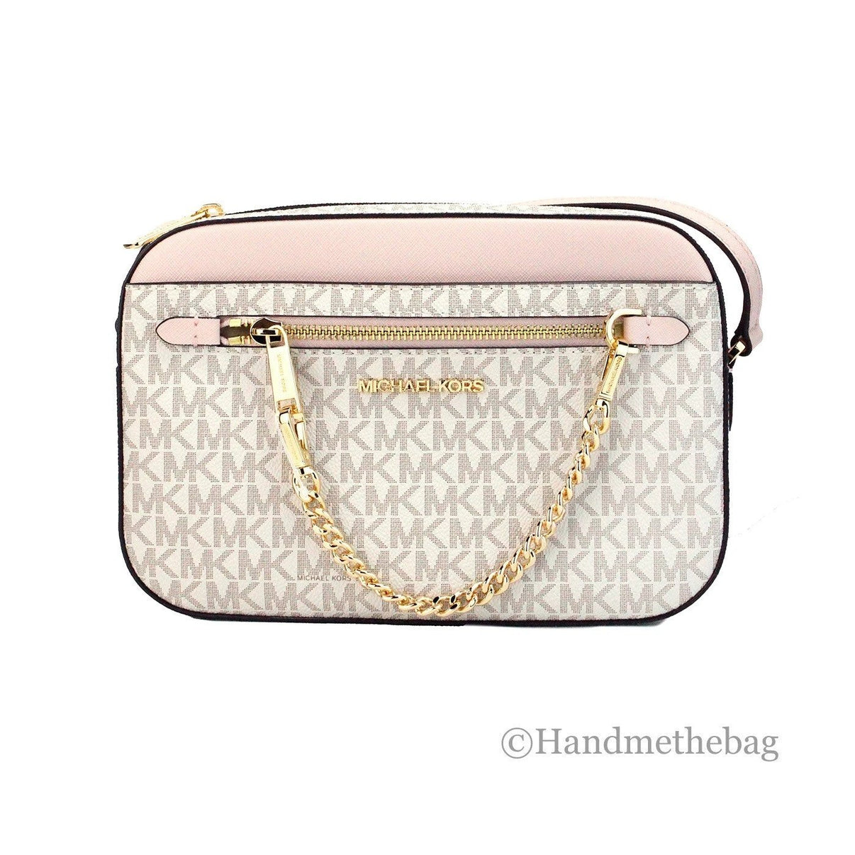 Michael Kors Adult Saffiano Leather Chain Zip Crossbody Handbag, Vanilla/Powder Blush by Michael Kors