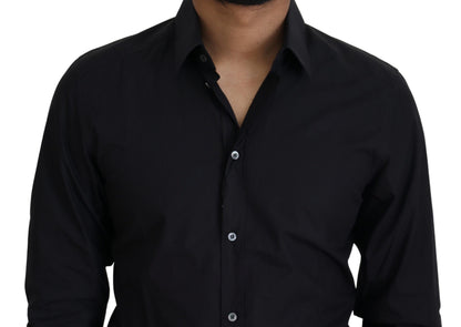 Dolce & Gabbana Black Cotton Slim Fit Formal Dress GOLD Shirt