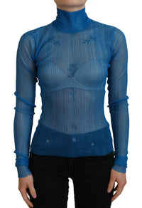 Dolce & Gabbana Blue Mesh Turtleneck Long Sleeve Blouse Top