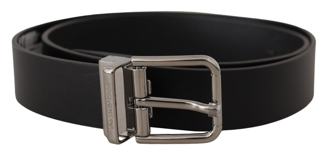 Dolce & Gabbana Black Calf Leather Logo Engraved Metal Buckle Belt