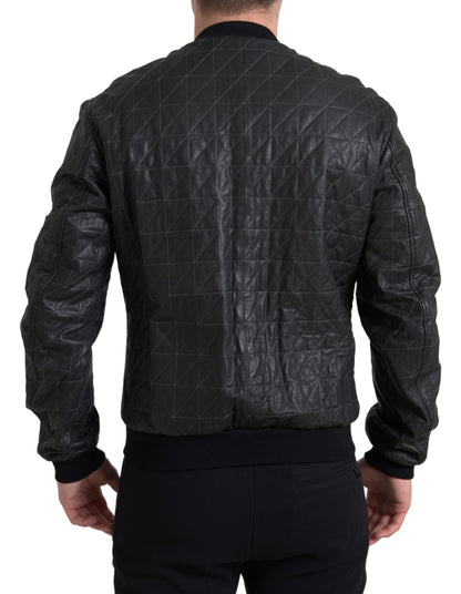 Dolce & Gabbana Black Leather Full Zip Bomber Coat Jacket
