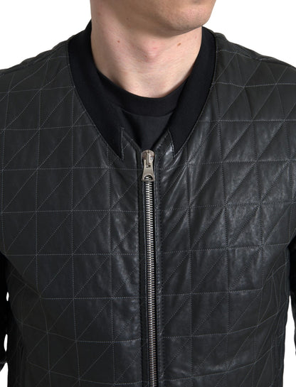 Dolce & Gabbana Black Leather Full Zip Bomber Coat Jacket
