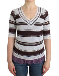 Ermanno Scervino Striped Lace V-Neck Short Sleeve Top Sweater