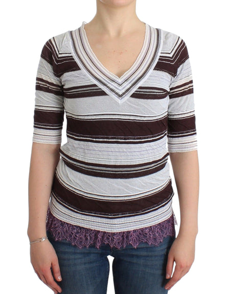 Ermanno Scervino Striped Lace V-Neck Short Sleeve Top Sweater