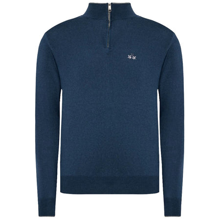 La Martina Blue Wool Men Sweater with Half Zip Closure