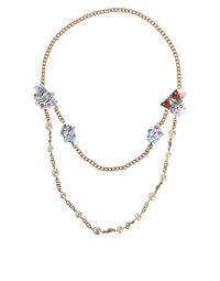 Dolce & Gabbana Gold Chain Brass Floral Layered Crystal Pearl Necklace