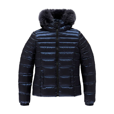 Refrigiwear Blue Nylon Women Jacket with Feather Padding and Fur Hood