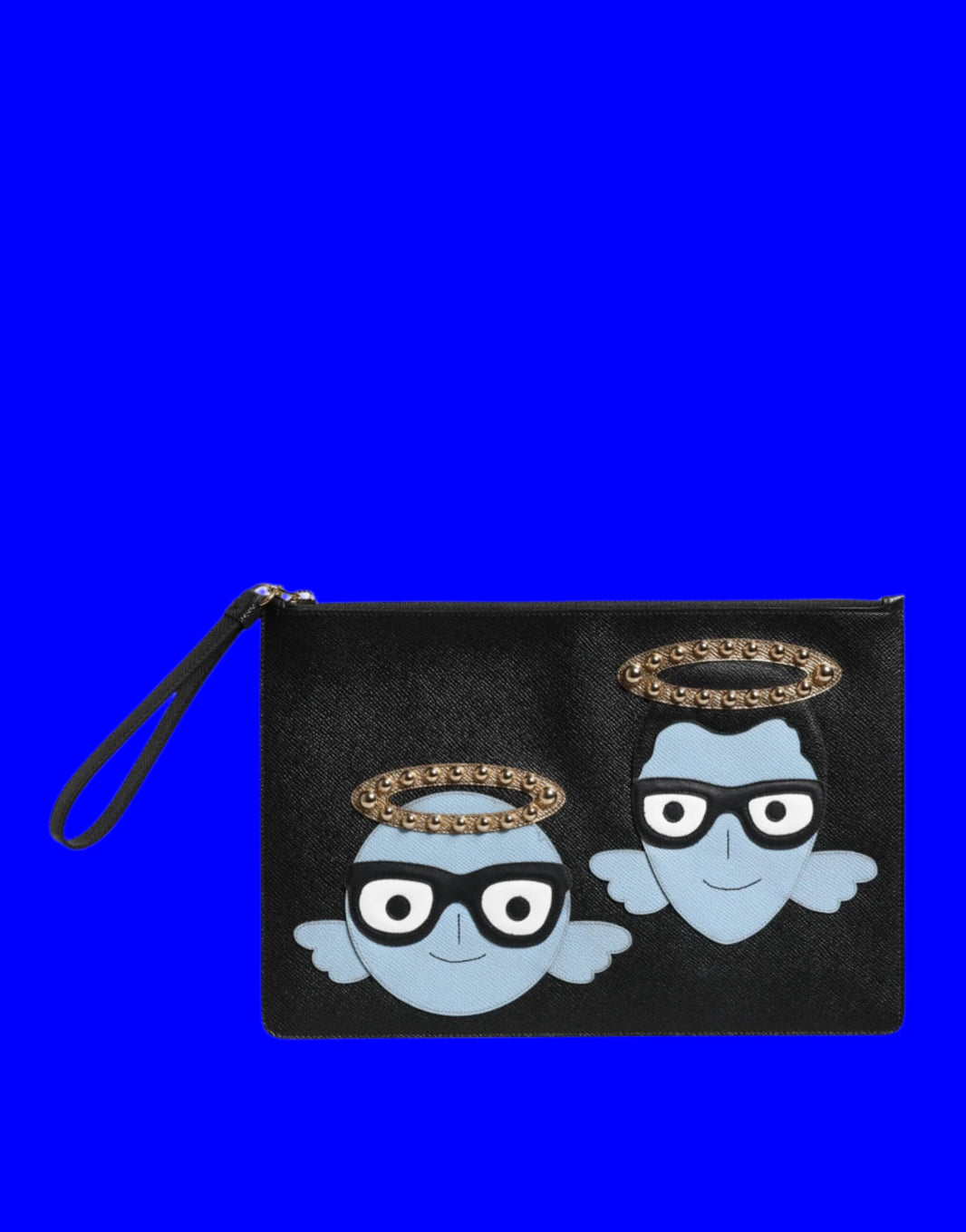 Dolce & Gabbana Black Leather #DGFAMILY Embellished Men Zip Pouch Bag