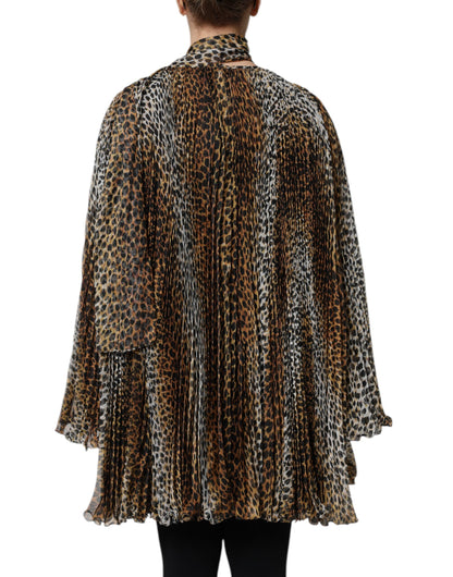 Dolce & Gabbana Brown Leopard Print Scarf Collared Chiffon Dress