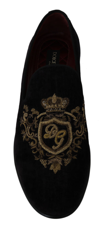 Dolce & Gabbana Loafers Black Velvet Gold Crown