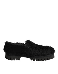 Dolce & Gabbana Dress Black Fur Leather Slippers Men Shoes