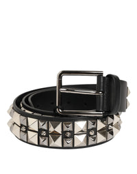 Dolce & Gabbana Black Calf Leather Studded Silver Buckle Belt