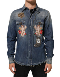 Dolce & Gabbana Blue Angel Patch Denim Buttoned Down Men Shirt