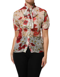 Dolce & Gabbana White Floral Tie-Neck Poppy Print Blouse Top