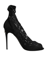Dolce & Gabbana Black Stretch Taormina Lace Boots Shoes